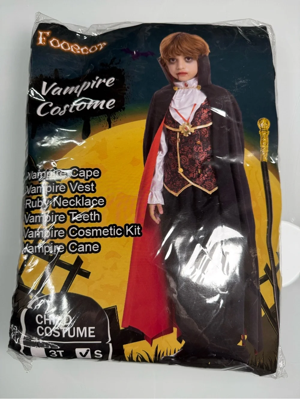 Kids Vampire Costume Small Cape Vest Cane Teeth Makeup Halloween NEW